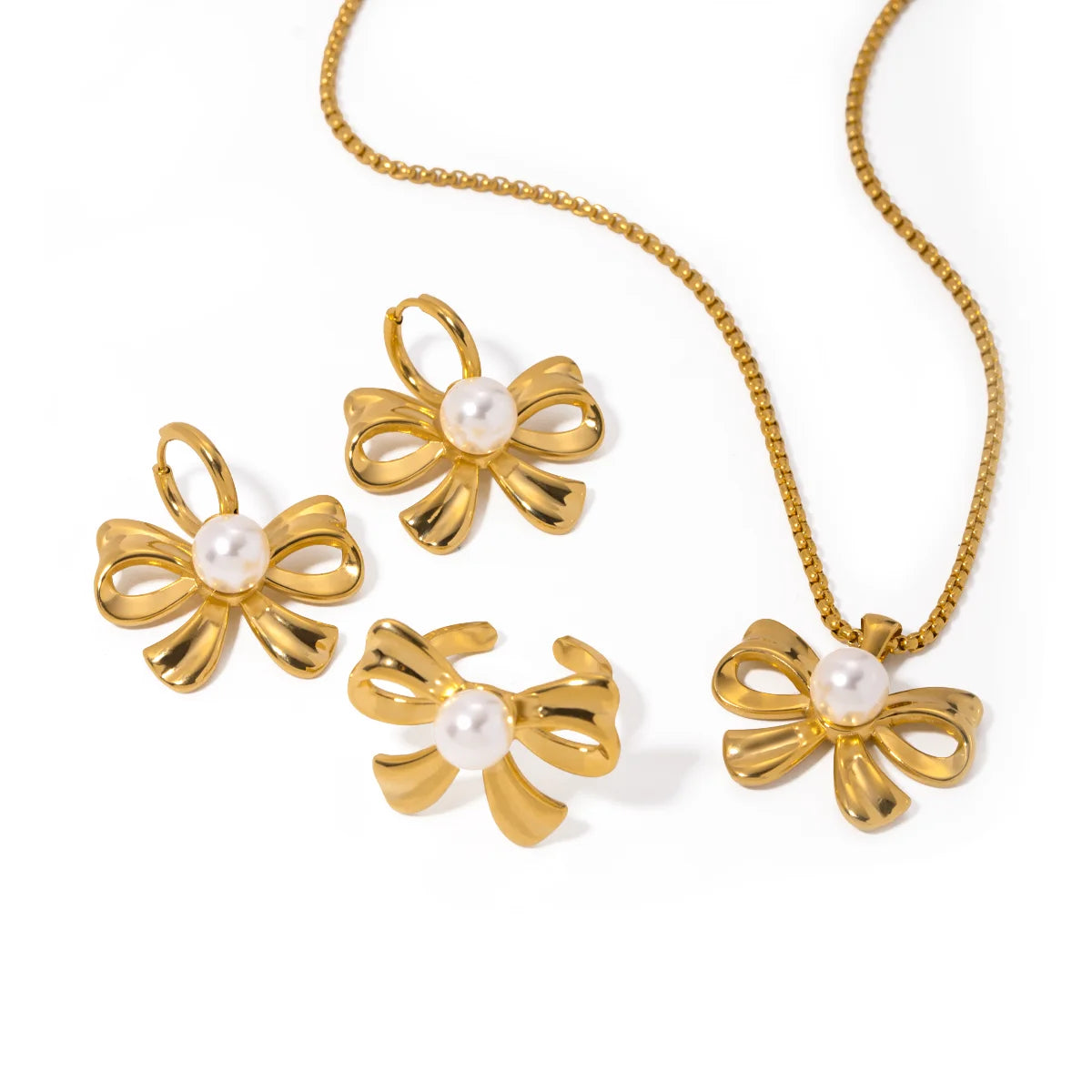 Sløjfeformet 18K PVD belagt statement Metal rustfrit stål indlæg perle vedhæng halskæde/øreringe/ring kvinder smykker Bijoux