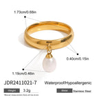 18k Gold Plated Stainless Steel Simple Elegant Freshwater Pearl Smooth Ring Size 7 Women Trendy Charm Chic Jewelry Gala Gift