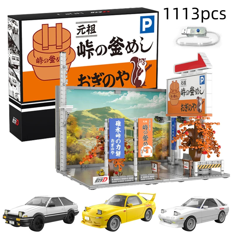 Cada Anime Initial D Tofu Shop House Model Building Blocks City Japanese Racing Car Parking Lot Bricks Toys Kid Gifts With LED