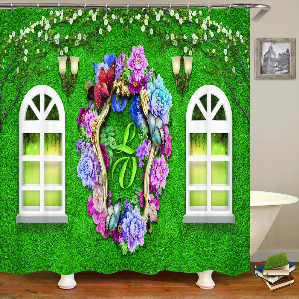 پرده دوش ضدآب حمام چاپ منظره گل فضای باز پلی‌استر 3D نمای خیابان باغ دکوراسیون منزل