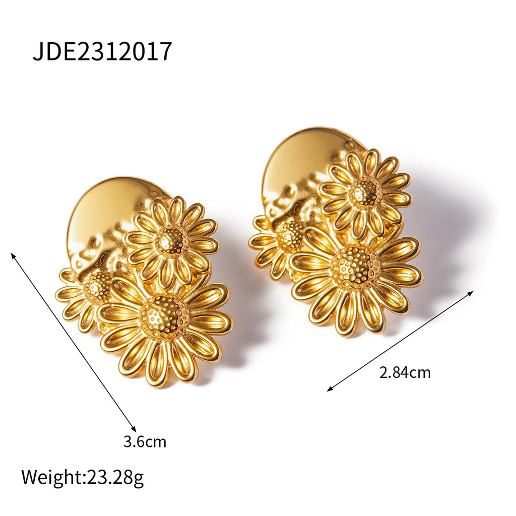 Stylish Unique Metal Textured Small Daisy Flower Design Earrings Stainless Steel 18k Gold Plated Women Holiday Jewelry - Grand Goldman
