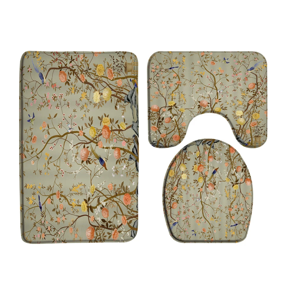 Chinese style Flowers and Birds Waterproof Shower Curtain Set Toilet Seat Cover Bath Non-Slip Mat Rug Carpet Bathroom Decor