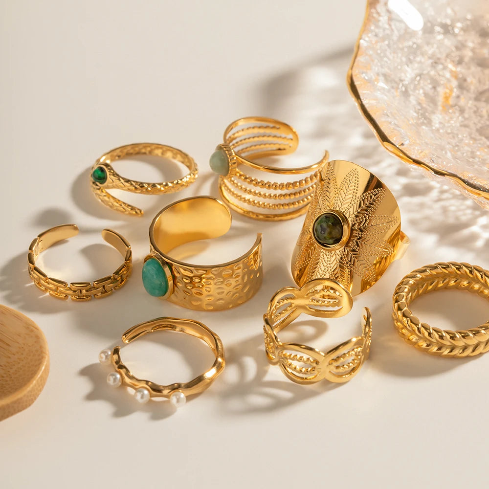 Винтажный классический набор открытых колец из натурального камня для женщин, дам, золотого цвета, из нержавеющей стали, регулируемые украшения, подарок, кольца для женщин