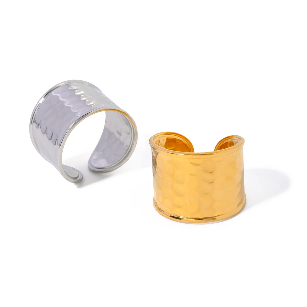 18K vergoldeter Edelstahl geometrischer breiter Ring mit Hammerschlagstruktur, offen, Unisex, für Männer und Frauen, wasserdichter Schmuck, Geschenk, Bijoux