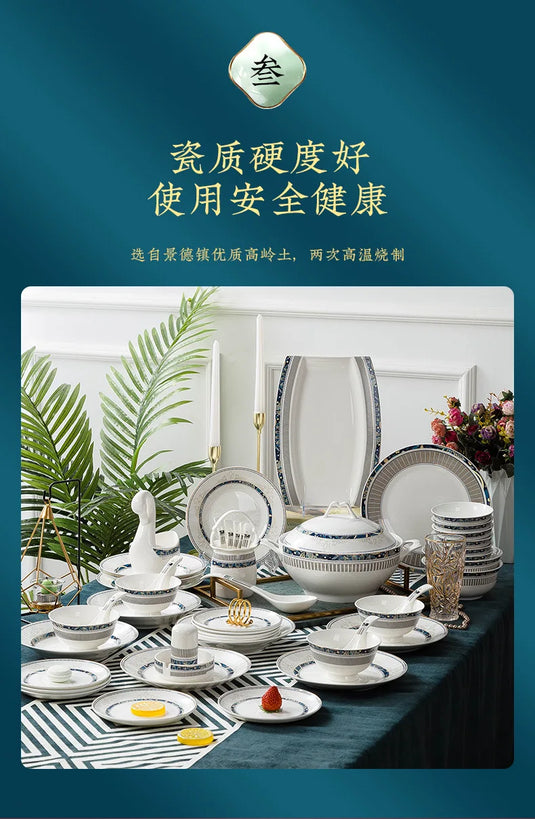 Coffret cadeau de vaisselle en céramique peinte à la main de luxe bleu glacier Jingdezhen Ensemble de bols et de baguettes en porcelaine de Chine chic