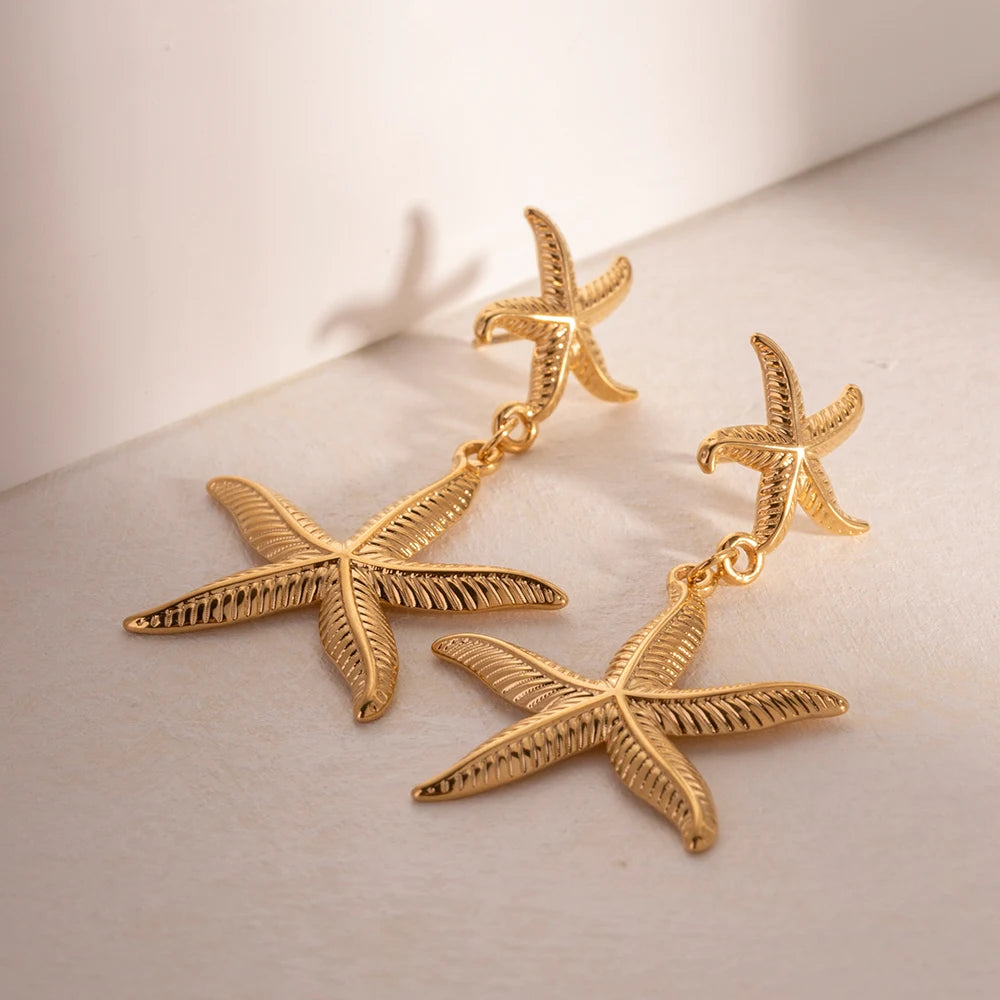 Tarnishproof Stainless Steel Chunky Luxury Starfish Pendants Earrings for Women 18K Gold Plated Thick Ear Minority Jewelry - Grand Goldman