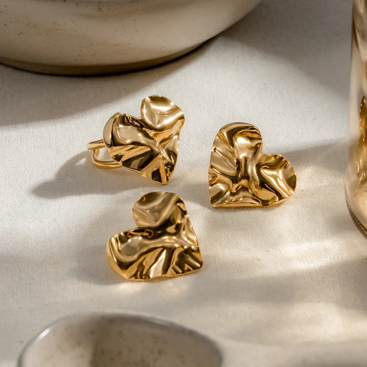 Waterproof 18K PVD Stainless Steel Geometric Hammer Grain Love Heart Opening Ring Charm Metal Simple Jewelry Bijoux Femme New