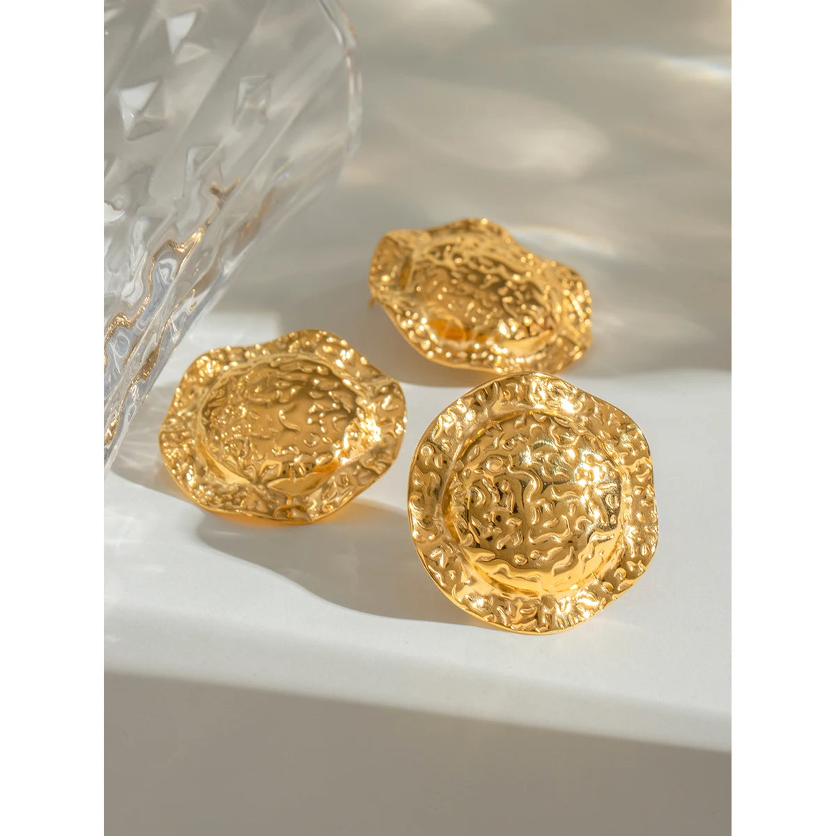 18K Gold Plated Stainless Steel Personality Niche Hammer Grain Hat Earrings Open Ring Delicate Water Resistant Daily Jewelry