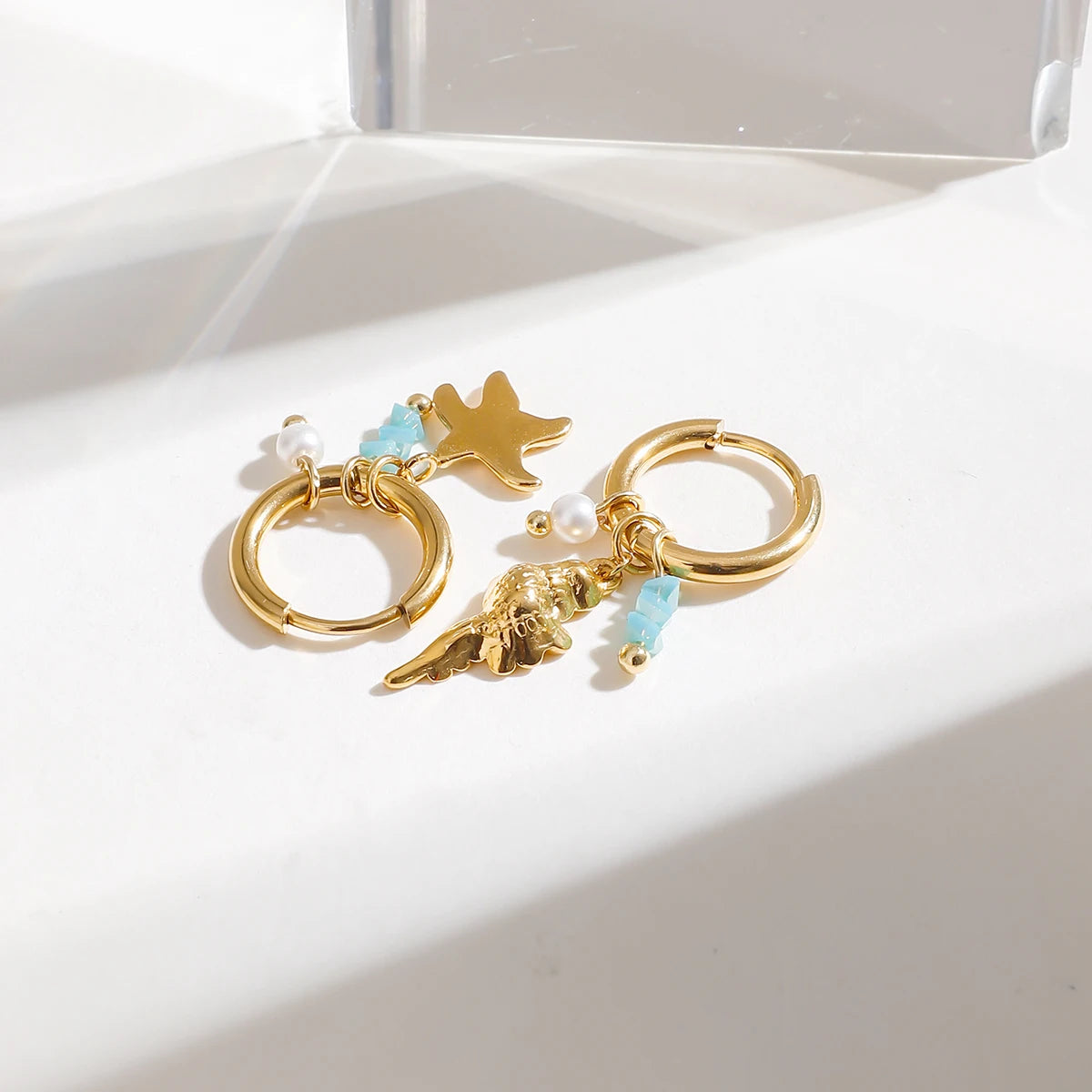 Zora Ocean Style Charm Drop Earrings Gold Plated Stainless Steel Conch Starfish Imitation Pearl Crystal Waterproof Jewelry