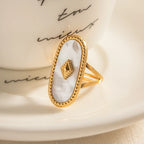 Vintage Oval Design Natural Stone Open Ring For Women Exaggerated Stainless Steel Waterproof Adjustable Jewelry Gift