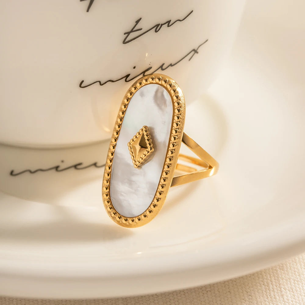 Vintage Oval Design Natural Stone Open Ring For Women Exaggerated Stainless Steel Waterproof Adjustable Jewelry Gift