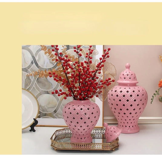 Pink Hollow General Jar Ceramic Ginger Jar Vase Candy Storage Jar Art Decorative Tank Flower Arrangement Home Craft Decoration