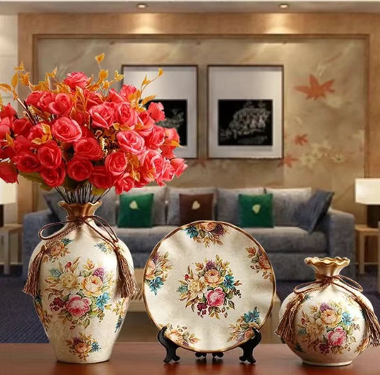 WISTERIA Ensemble de vases en céramique vintage avec fleurs séchées peintes à la main, amphore de table victorienne 3 pièces pour aménagement intérieur de style ancien, décorations de mariage