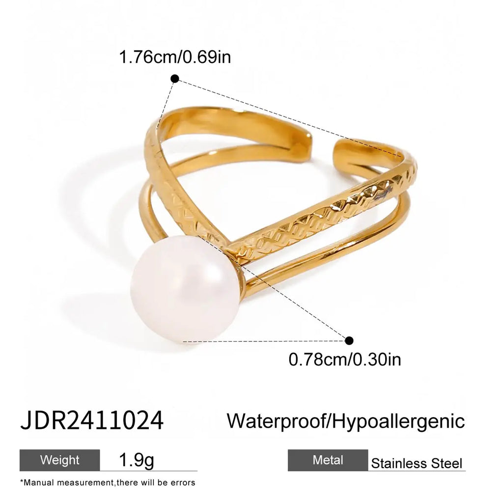 Minimalistischer, 18k vergoldeter Edelstahl, doppellagiger, hohler Süßwasserperlen-Öffnungsring für Damen, anti-allergischer Charmschmuck
