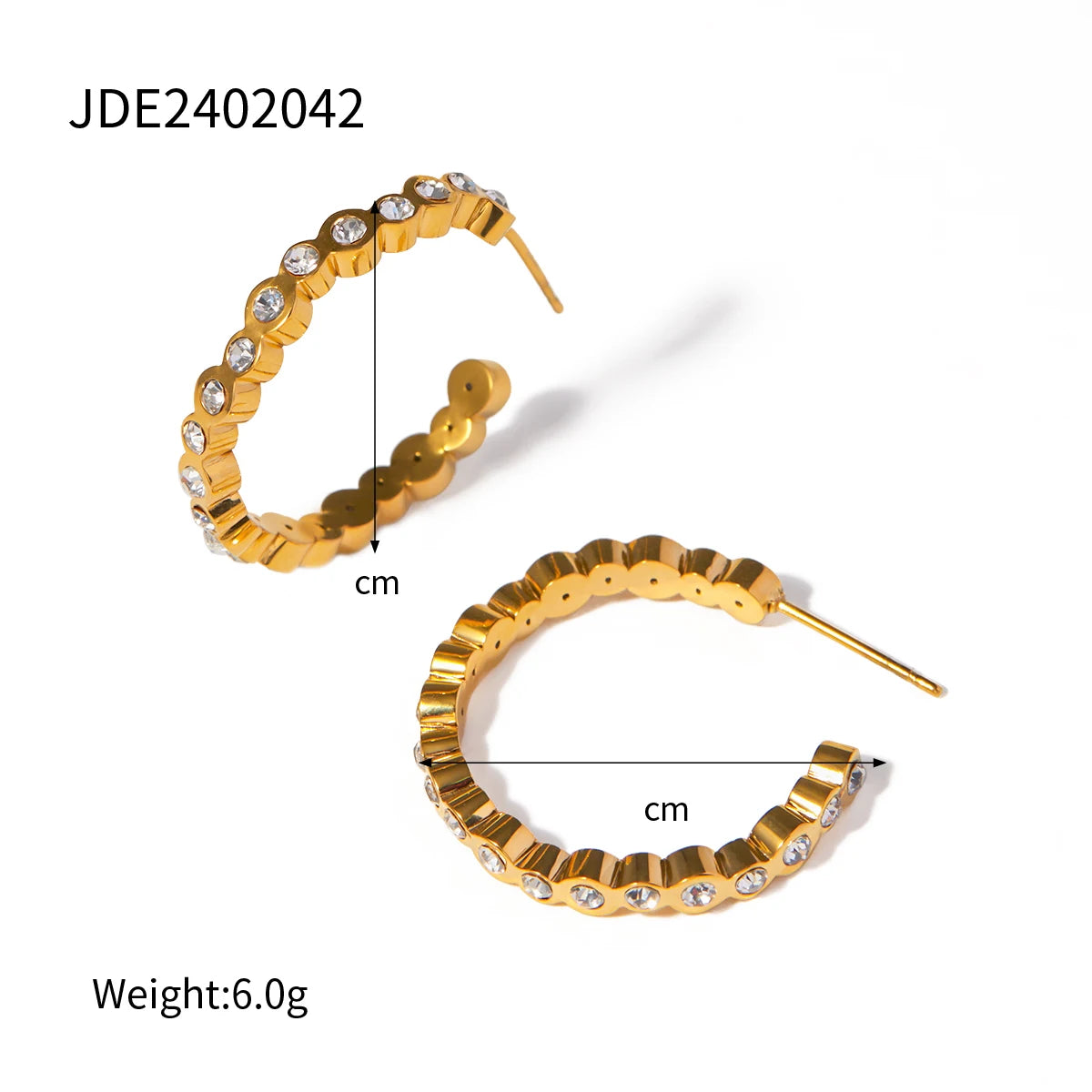 Vandtæt geometrisk 18k forgyldt rustfrit stål C-formede øreringe Farvede diamanter Charmeerklæring Anti-allergiske smykker