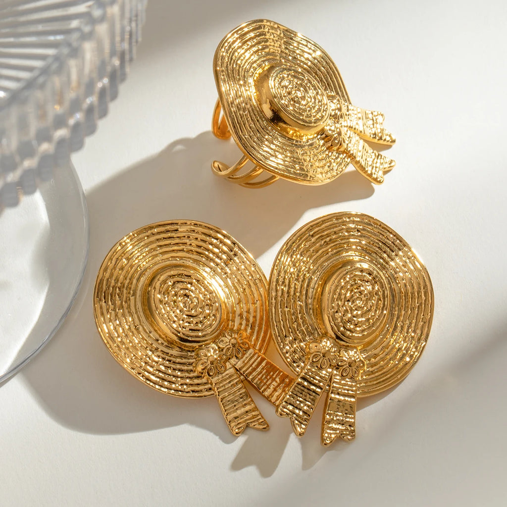 Charm 18K Gold Plated Stainless Steel Flower Straw Hat Shape Open Ring Stud Earrings Women‘s Water Resistant Daily Jewelry