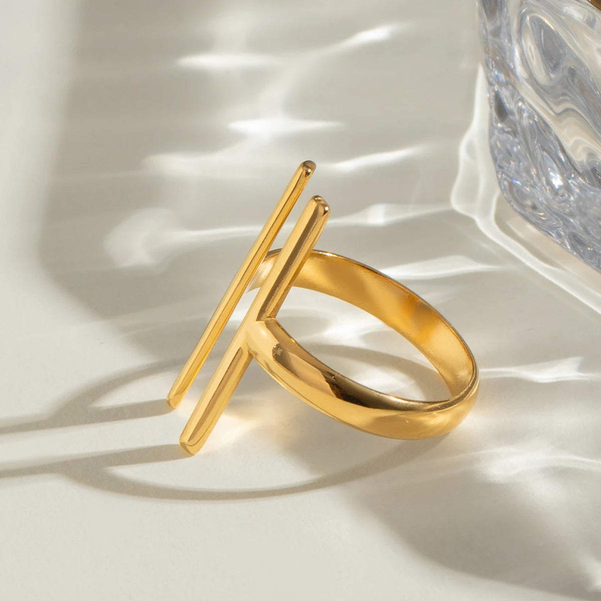 18K goud vergulde roestvrijstalen geometrische symmetrie lijn open ring vrouwen bedels metalen textuur waterdichte sieraden gala cadeau