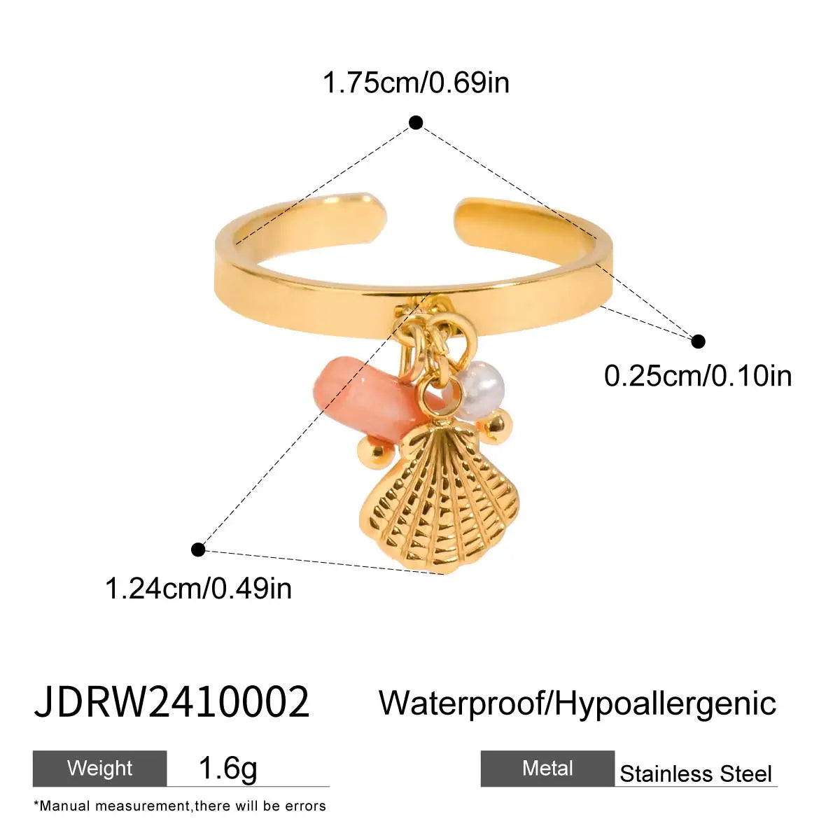 Zora Boho Ocean Style Adjustable Open Ring Gold Plated Stainless Steel Coral Freshwater Pearl Shell Charm Beach Jewelry Gift