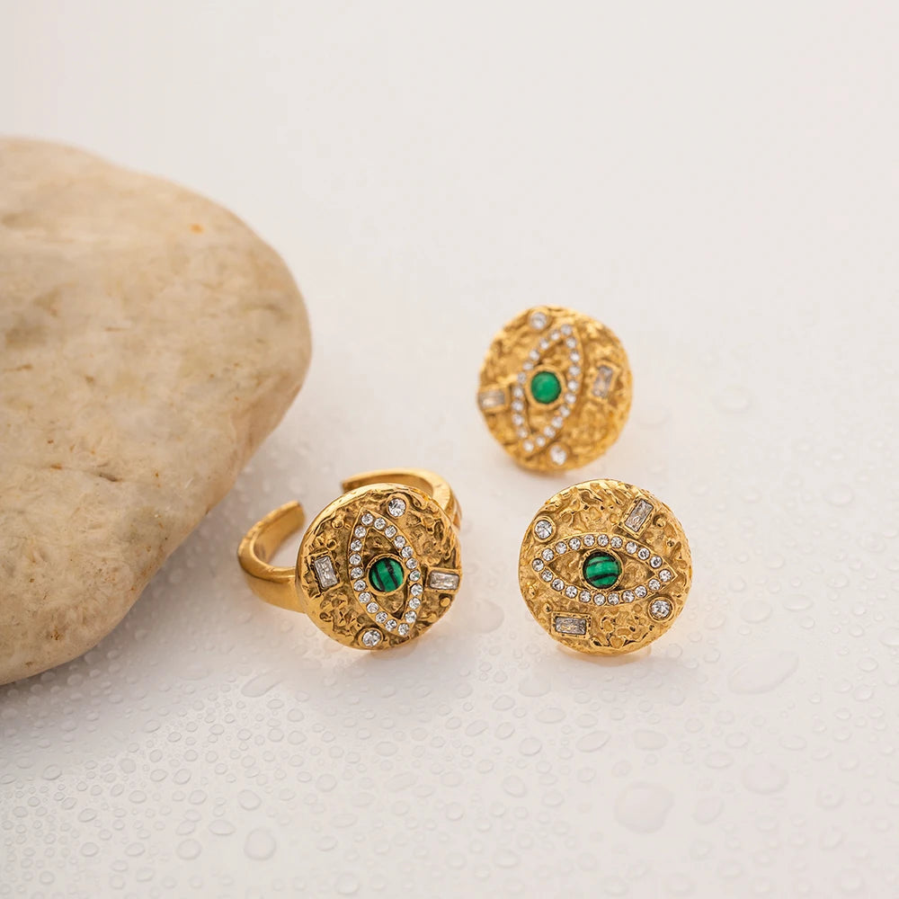 Edelstahl 18K vergoldet Malachit Einlage mit Teufelsauge Form Ring Ohrring Set Damen Finger Ohr anlauffreier Schmuck