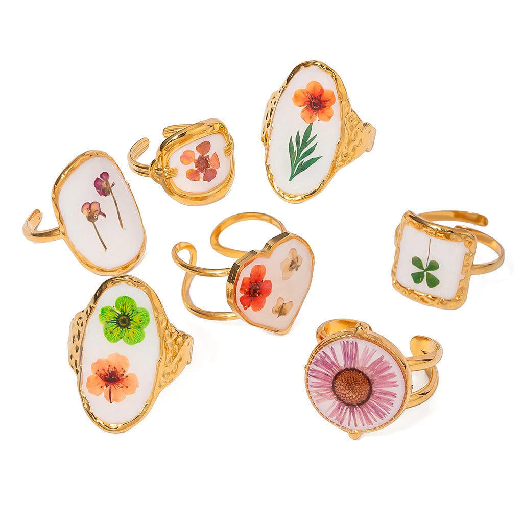 Leichter, gemütlicher, 18k vergoldeter minimalistischer weißer Tropfen-Öl getrockneter Blumen-Open-End-Ring für Frauen aus Edelstahl Statement-Schmuck