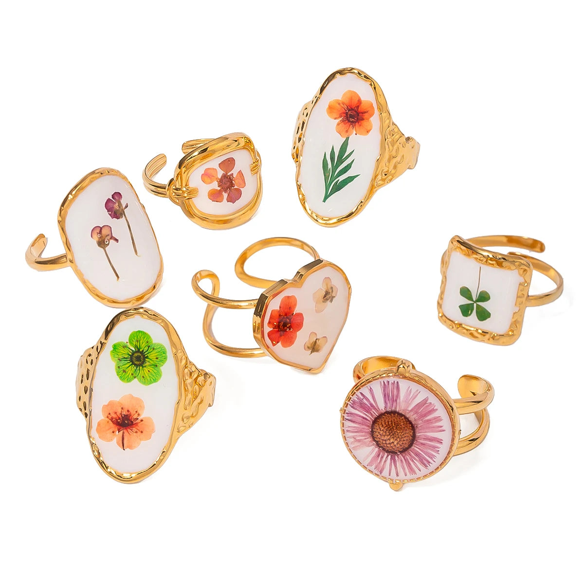 Leichter, gemütlicher, 18k vergoldeter minimalistischer weißer Tropfen-Öl getrockneter Blumen-Open-End-Ring für Frauen aus Edelstahl Statement-Schmuck