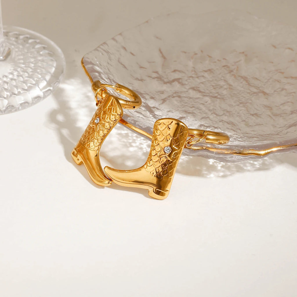 Minimalist 18k Gold Plated Stainless Steel Boot Patterned Pendants Hoop Earrings Women Anti Allergic Rust Jewelry