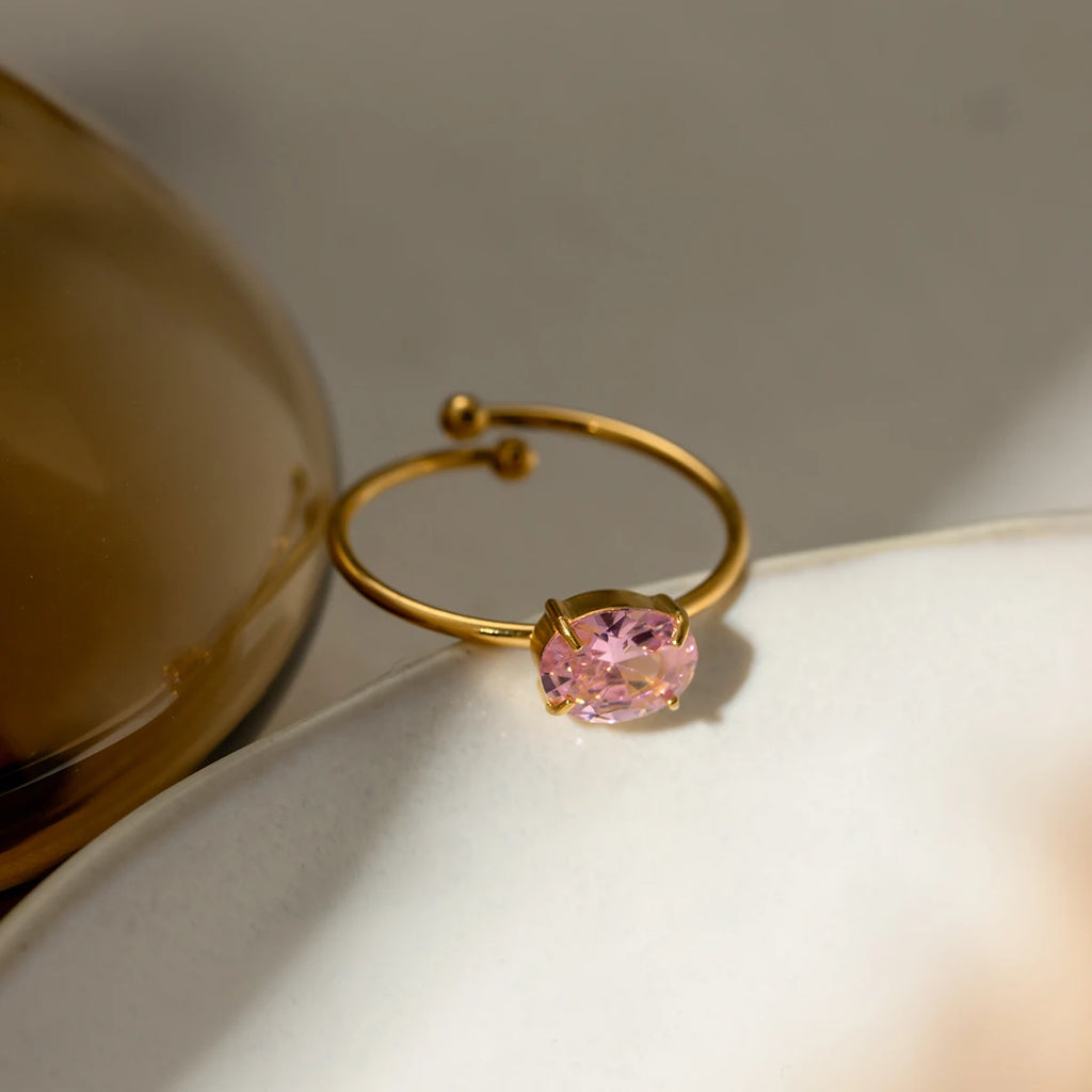 Stilvoller 18k vergoldeter, rostfreier, strukturierter, einfacher, verstellbarer Ring mit Zirkon-Einlage, Charme, Statement, anti-allergisch, Damenschmuck