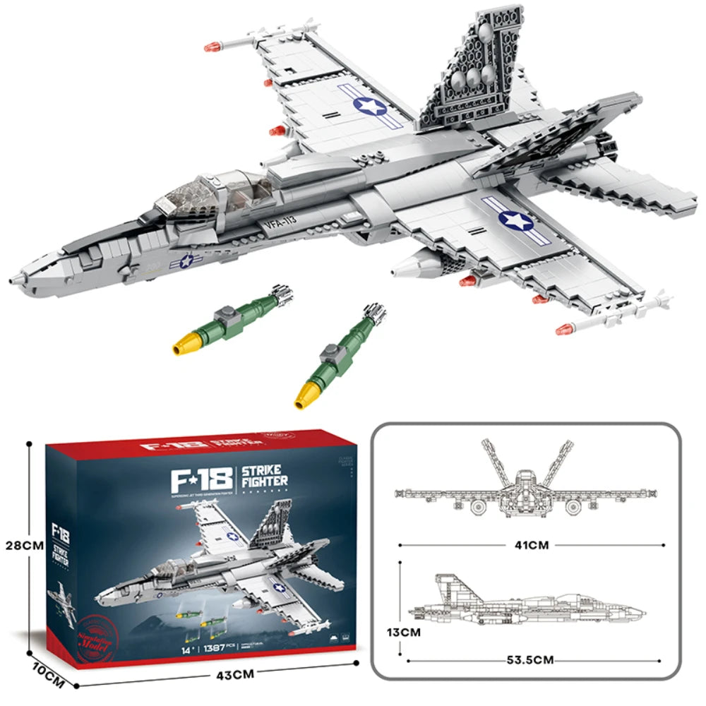 F-18 Strike Hornet Fighter Building Blocks Set, Jet Fighter Construction Kit, Military Toy Gift for Adults, Teens 14+, 1387 Pcs