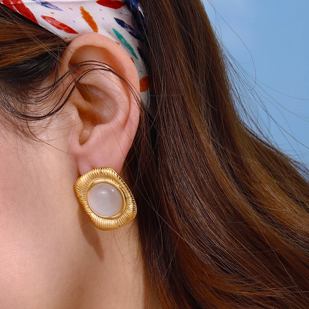 Kreative 18k vergoldete Edelstahl-Ohrstecker mit geripptem quadratischem Katzenaugenstein für Damen, personalisiert, rostfrei, stilvoller Schmuck