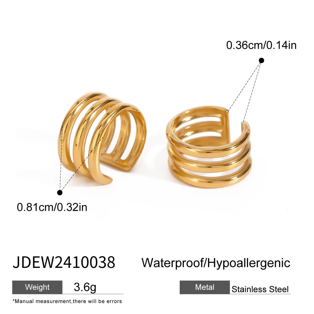 Kreativ 18K forgyldt rustfrit stål Geometrisk Glat tre-lags hule øreclips Kvinder Anti-allergiske smykker Gallagave