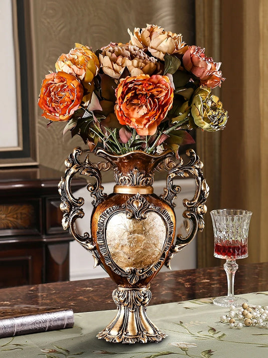 Vase de luxe en résine européenne, arrangement de fleurs séchées, aspect victorien antique, aspect boisé orné, gravures détaillées, vase de table marron royal pour ornements d'entrée de salon, décorations de maison