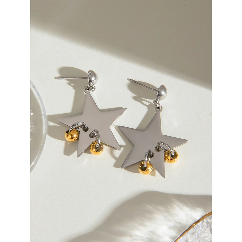 18K Gold Plated Stainless Steel Vintage Smooth Pentagonal Star Hanging Steel Circle Earrings Women Charms Metal Daily Jewelry