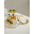 Stainless Steel 18K Vintage Round Green Agate Set Pendant Earrings Open Bangle Rust-proof Attractive Jewelry Accessories