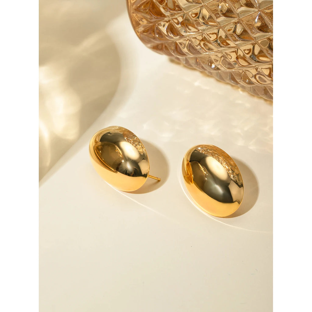 18K Altın Kaplama Düz Oval Küpeler Paslanmaz Çelik Parlak Metal Su Geçirmez Moda Altın Renkli Charm Sevimli Takı Bijoux
