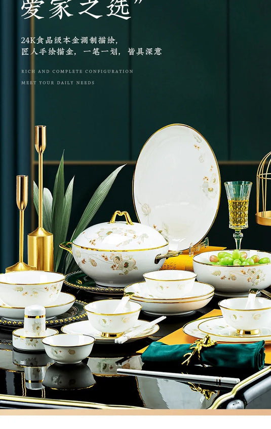 Vaisselle en céramique de Jingdezhen, ensemble de vaisselle en porcelaine d'os de luxe léger, combinaison de bol ménager et d'assiette à baguettes