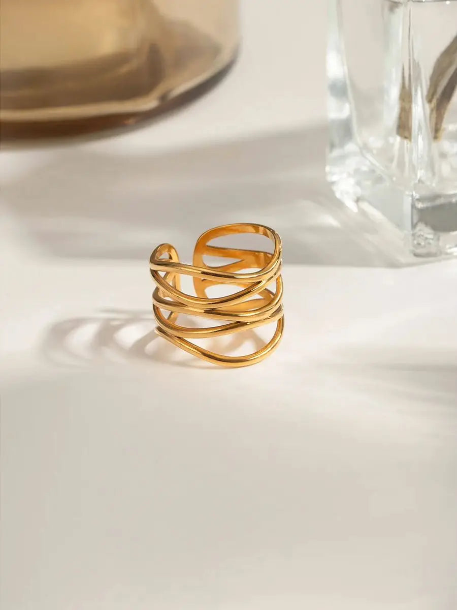 Mode Rustfrit Stål Flerlags Linjer Hul Åben Ring Rustfast 18K PVD-belagt metal Populære smykker Kvinder Bijoux