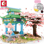 SEMBO BLOCK Sakura Street View Blocks City Cherry Blossom Japanese Sakura Tree Diy House Mini Model Building Children Toys