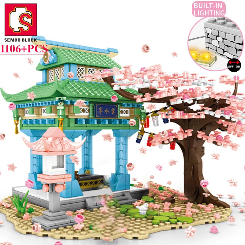 SEMBO BLOCK Sakura Street View Blocks City Cherry Blossom Japanese Sakura Tree Diy House Mini Model Building Children Toys