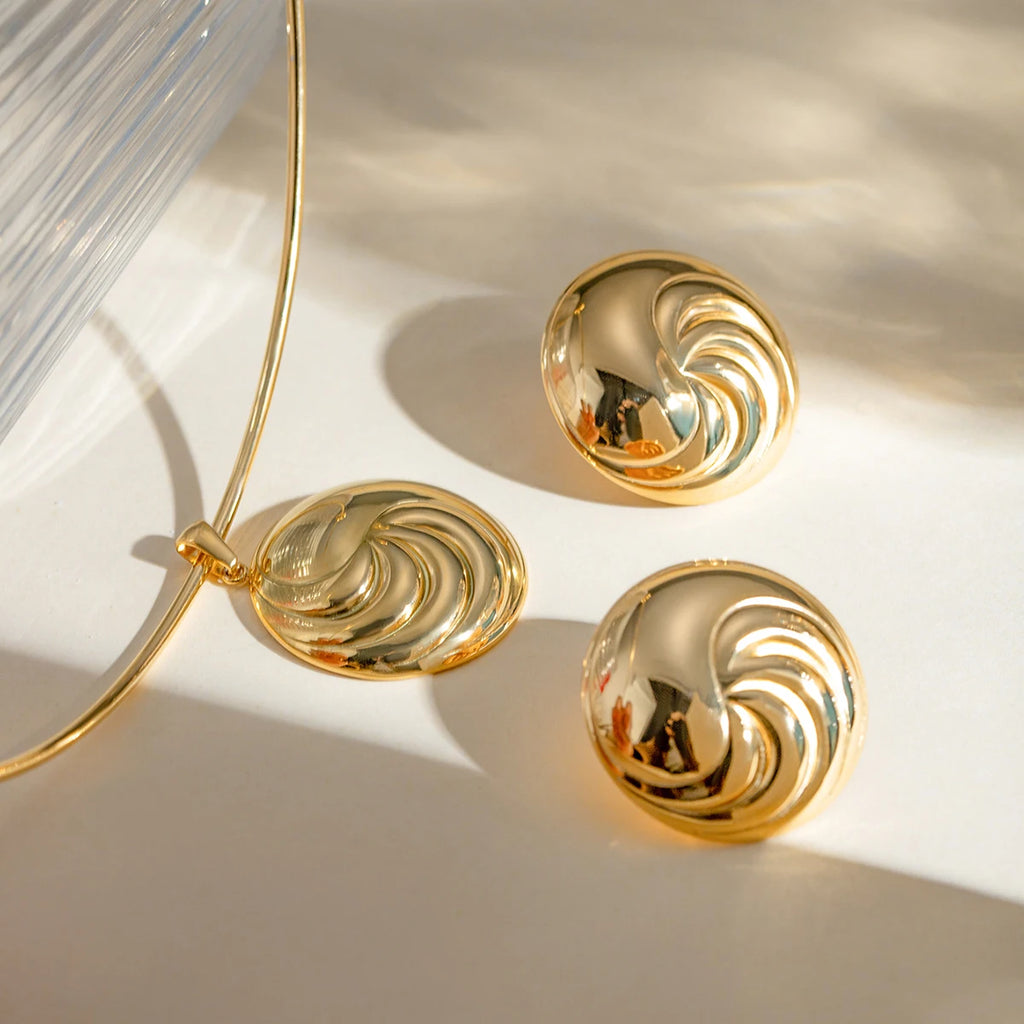 18K Gold Plated Round Convexity Thread Pendant Collar Earring Set Metal Texture Stainless Steel Delicate Charm Stylish Jewelry