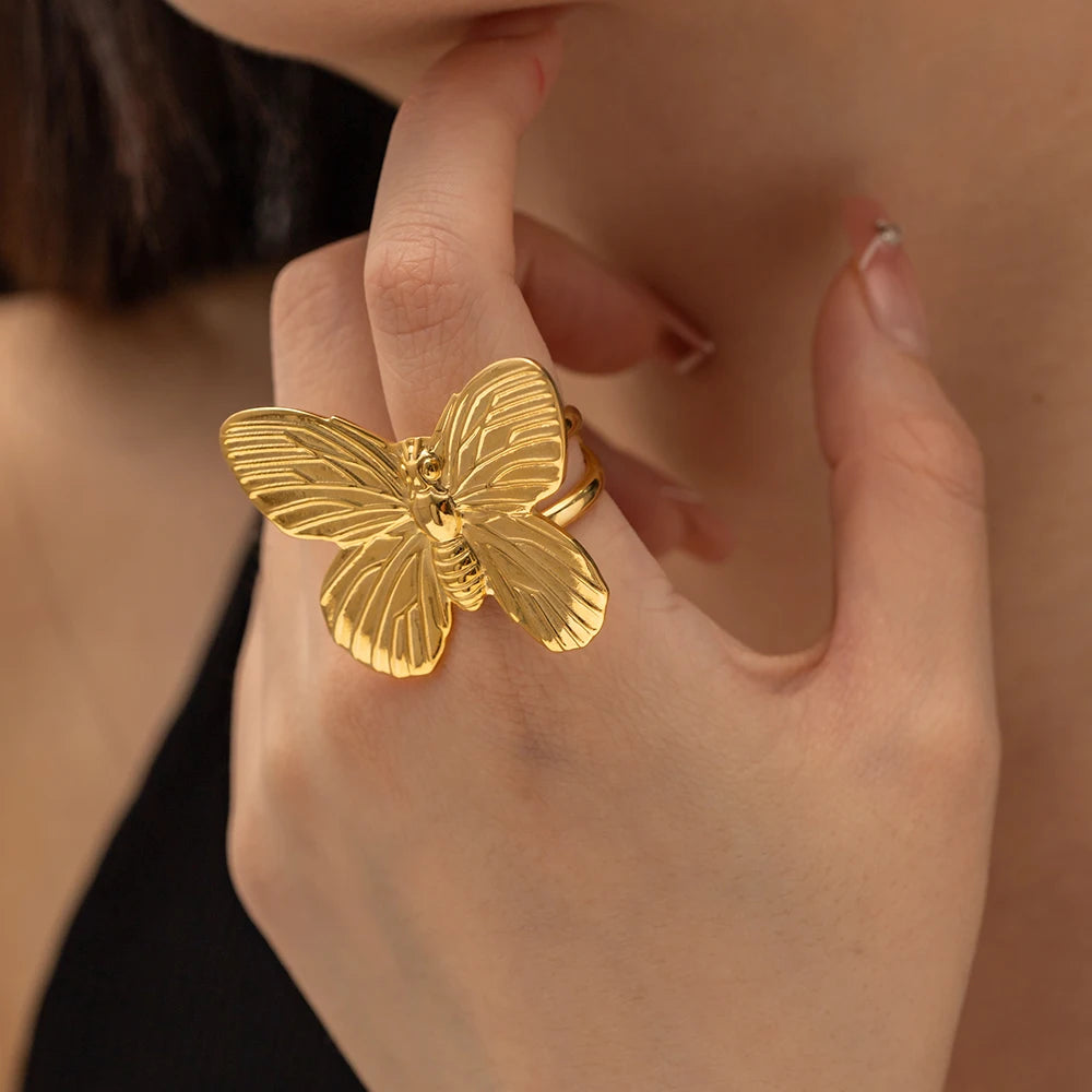 Exaggerated Stainless Steel Butterfly Open Ring For Women Vintage Creative Butterfly Adjustable Jewelry Gift Femme Bijoux - Grand Goldman