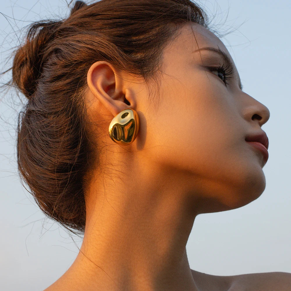 18K Gold Plated Stainless Steel Minimalist Lava Texture Concave Design Earrings Tarnish-proof Light Luxury Women Ear Jewelry - Grand Goldman