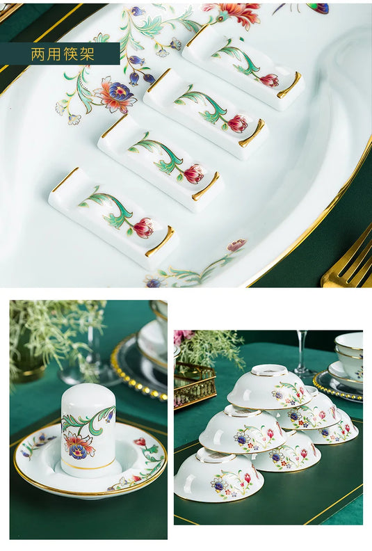 Ensemble de vaisselle de 68 pièces Ensemble de bols et plats Ensemble de 68 pièces Processus de dorure Floral Papillon Double Oreille Pot Assiette Cuillère Tasse à ragoût Ensemble combiné