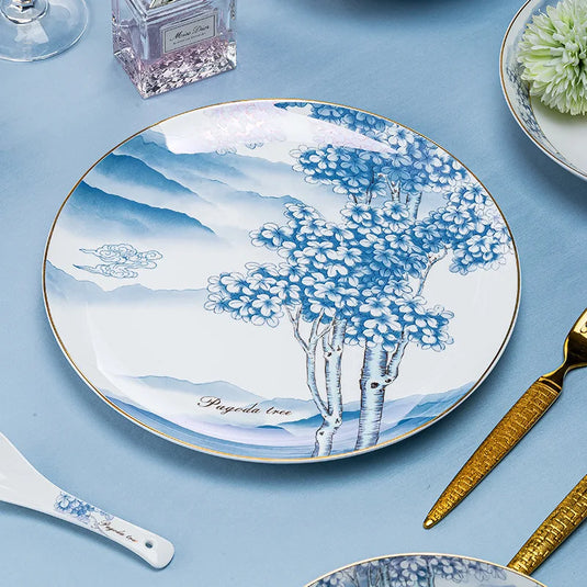 Ensemble complet de bols, plats et assiettes en céramique de Jingdezhen, ensemble de vaisselle en porcelaine bleue et blanche