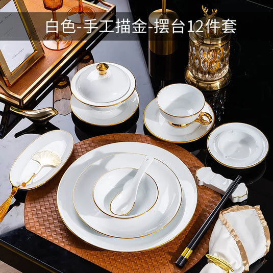 Jingdezhen tableware set, hotel tableware, dishes, gifts, handmade gilt edged dining plates, household dining plates