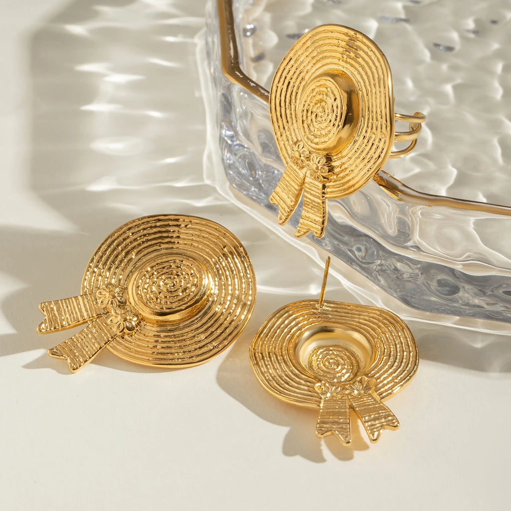 Charm 18K Gold Plated Stainless Steel Flower Straw Hat Shape Open Ring Stud Earrings Women‘s Water Resistant Daily Jewelry