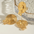 Charm 18K Gold Plated Stainless Steel Flower Straw Hat Shape Open Ring Stud Earrings Women‘s Water Resistant Daily Jewelry