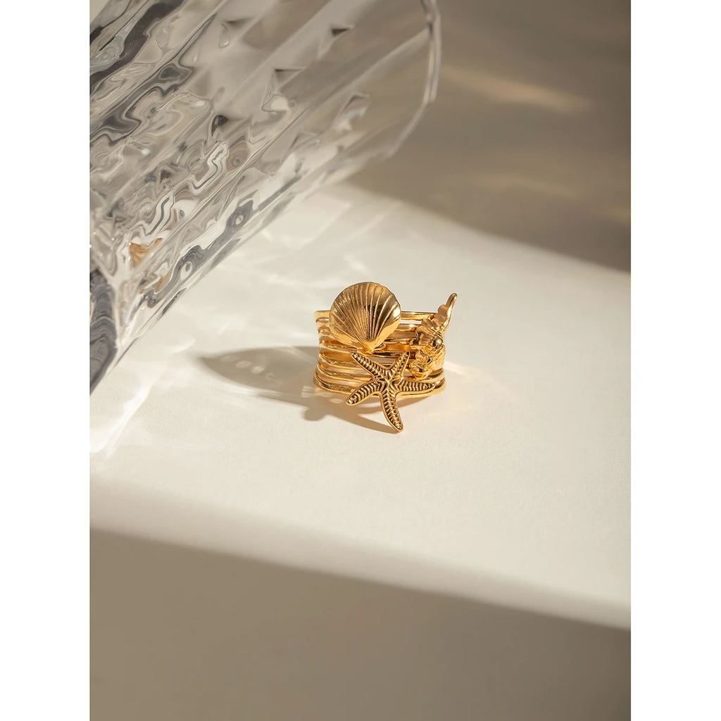 18k vergoldeter, stilvoller, einzigartiger, einfacher Seestern-Muschel-Öffnungsring aus Edelstahl für Frauen, antiallergisch, wasserdicht, Schmuck