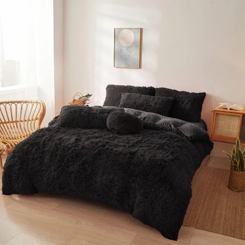 Ultra Soft Black Faux Fur 3-Piece Queen Comforter Set – Plush Fluffy Bedding with Duvet Cover and 2 Pillowcases