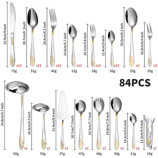 Servicesæt med 72 dele, forgyldt rustfri stålkniv, gaffel, ske, gaveæske, trææske