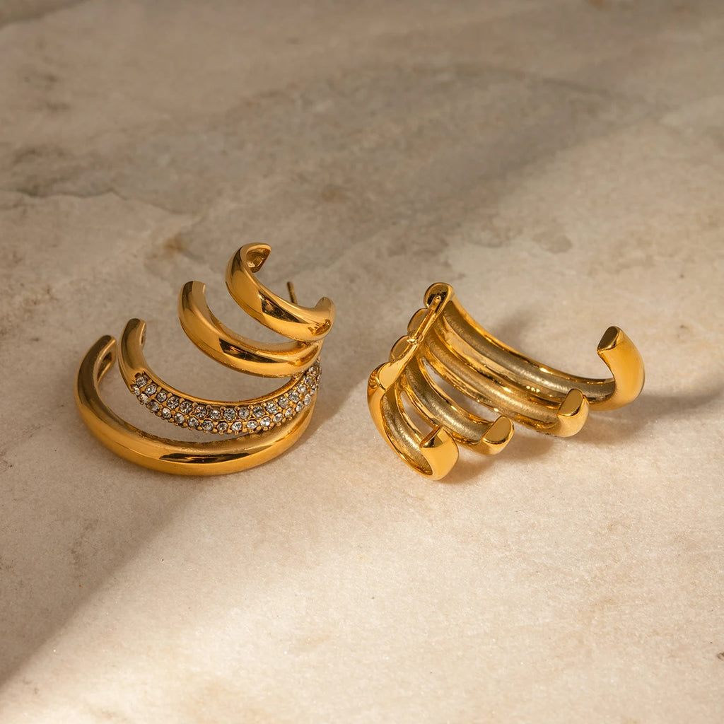 Vandtætte geometriske 18k forgyldte rustfrit stål fire lags C-formede øreringe Charm Statement Anti-allergiske smykker